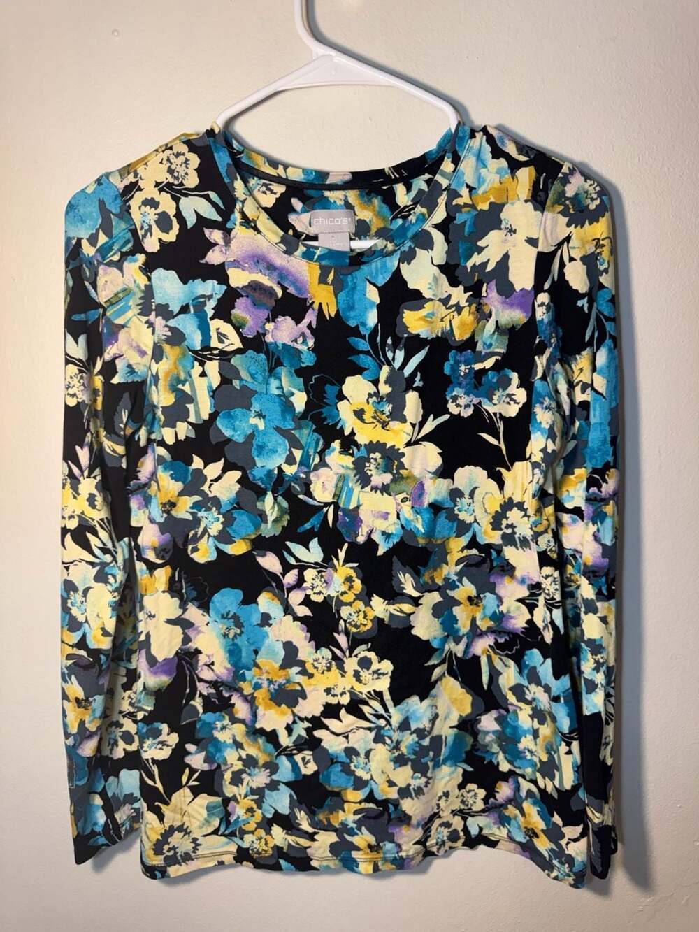 Chico's Blue and Yellow Floral Long Sleeve Knit Top Size 0 Small
